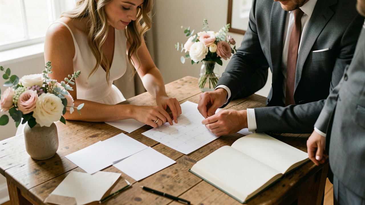 Un homme et une femme organisent leur mariage autour d’une table en bois avec un calendrier vierge, des documents sans écriture, des fleurs fraîches et un carnet de notes ouvert, baignés par une douce lumière naturelle.