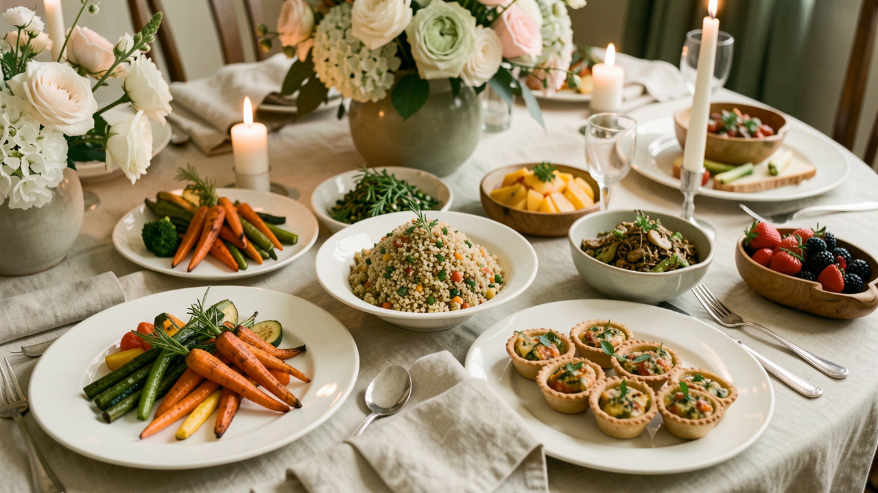 Table de mariage élégante présentant un repas végétarien varié, coloré et adapté aux allergies, avec des légumes de saison, des salades raffinées et des tartelettes aux herbes.