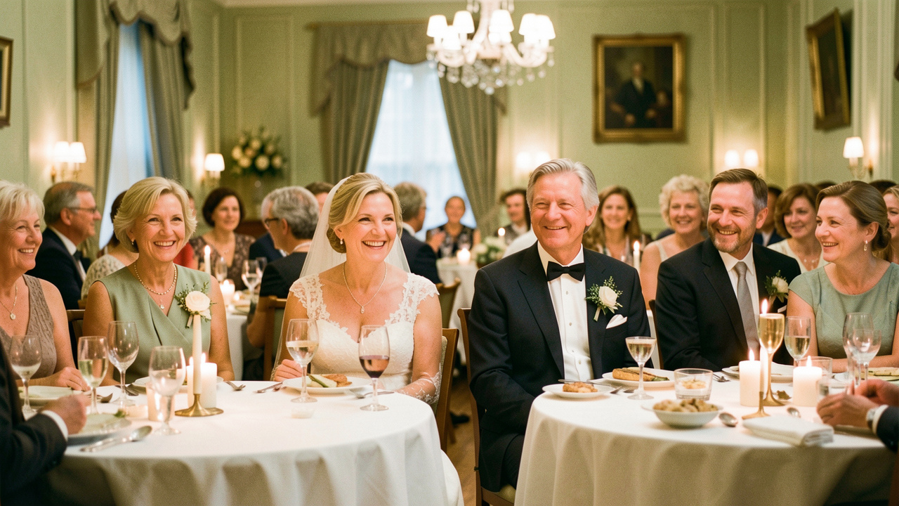 Réception de mariage élégante où les parents divorcés des mariés sont installés à des tables voisines dans une ambiance chaleureuse et sereine.