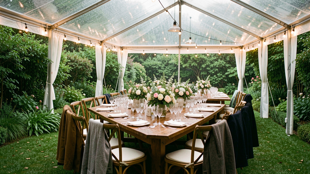 Réception de mariage élégante protégée par une tente transparente dans un jardin sous la pluie, avec tables décorées, verres à cocktail et compositions florales.