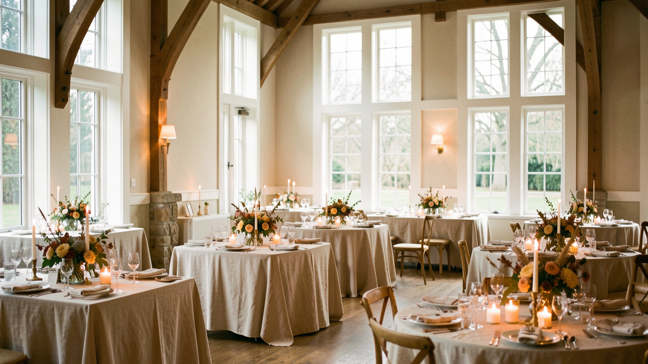 Salle de réception de mariage élégante et lumineuse, avec tables en lin naturel, fleurs de saison, bougies et éclairage ambré dans une ambiance normande contemporaine.